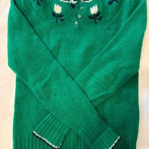 100% Wool Susan Bristol Green Floral Crew Neck Sweater size S